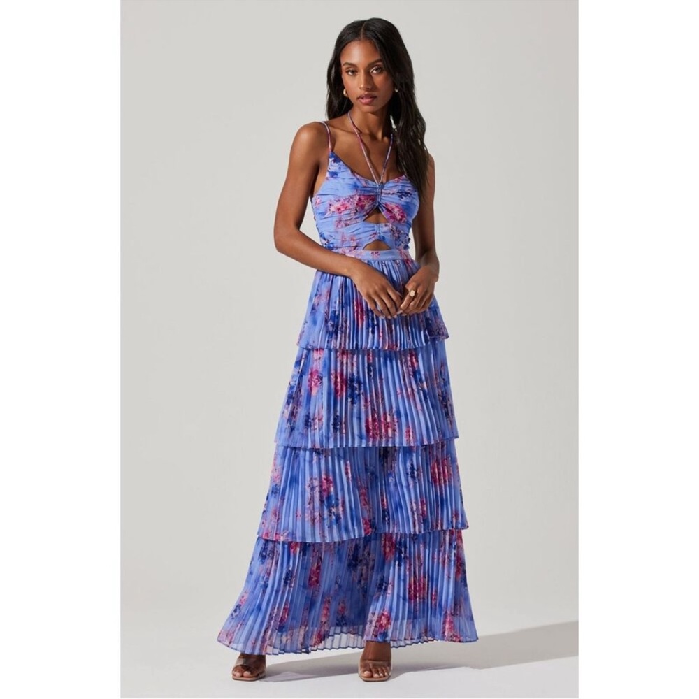 NEW ASTR Daytona Floral Pleated Halter Maxi Dress Periwinkle Size Large - Picture 3 of 11